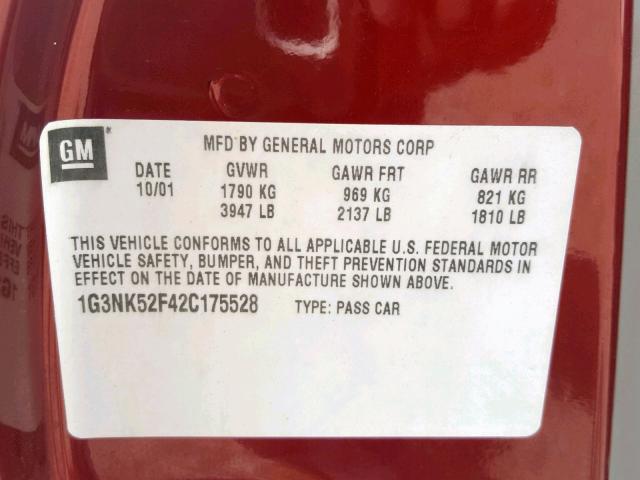 1G3NK52F42C175528 - 2002 OLDSMOBILE ALERO GX MAROON photo 10