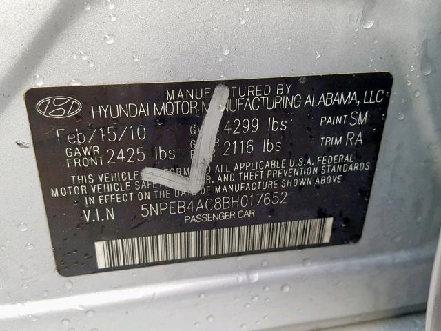 5NPEB4AC8BH017652 - 2011 HYUNDAI SONATA GLS SILVER photo 10