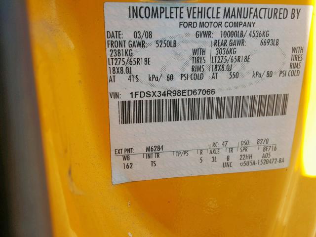 1FDSX34R98ED67066 - 2008 FORD F350 SRW S YELLOW photo 10