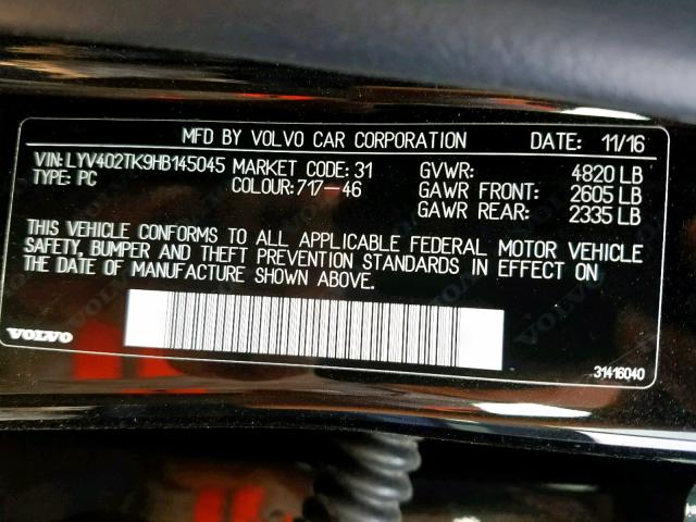 LYV402TK9HB145045 - 2017 VOLVO S60 PREMIE BLACK photo 10