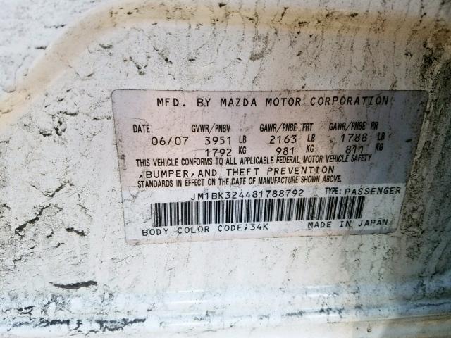 JM1BK324481788792 - 2008 MAZDA 3 S WHITE photo 10