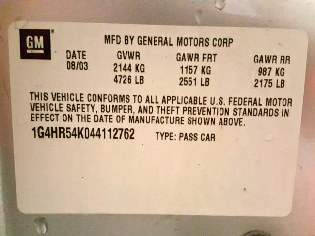 1G4HR54K044112762 - 2004 BUICK LESABRE LI SILVER photo 10