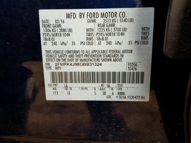 2FMPK4J98GBB31324 - 2016 FORD EDGE SEL BLUE photo 10