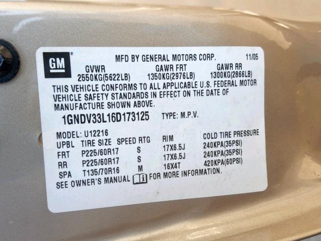 1GNDV33L16D173125 - 2006 CHEVROLET UPLANDER L GOLD photo 10