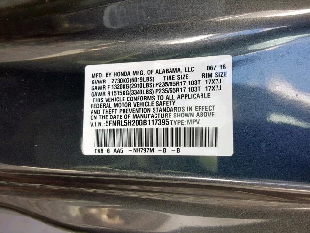 5FNRL5H20GB117395 - 2016 HONDA ODYSSEY LX CHARCOAL photo 10