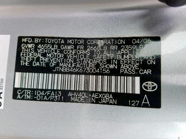 JTNBB46K673004156 - 2007 TOYOTA CAMRY NEW SILVER photo 10