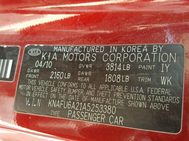 KNAFU6A21A5253380 - 2010 KIA FORTE EX MAROON photo 10