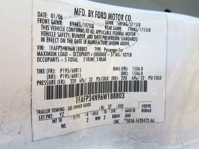 1FAFP34N96W188803 - 2006 FORD FOCUS ZX4 WHITE photo 10