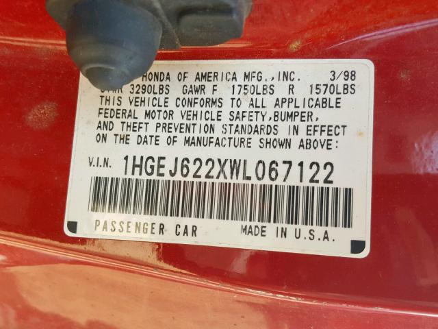 1HGEJ622XWL067122 - 1998 HONDA CIVIC DX RED photo 10