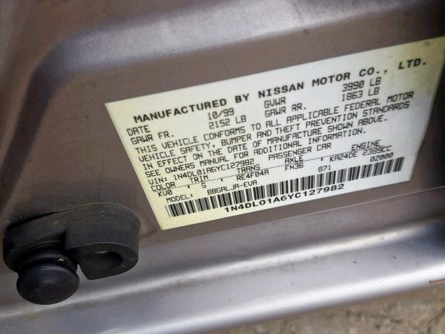 1N4DL01A6YC127982 - 2000 NISSAN ALTIMA XE SILVER photo 10