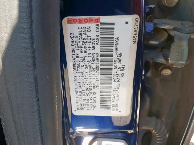 JTKKT624740044692 - 2004 TOYOTA SCION XA BLUE photo 10