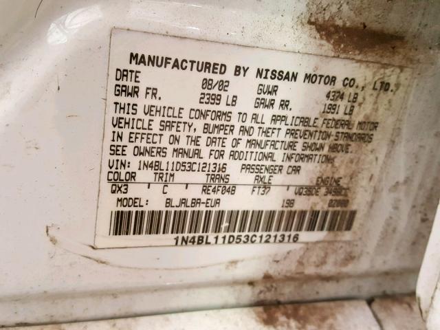 1N4BL11D53C121316 - 2003 NISSAN ALTIMA SE WHITE photo 10