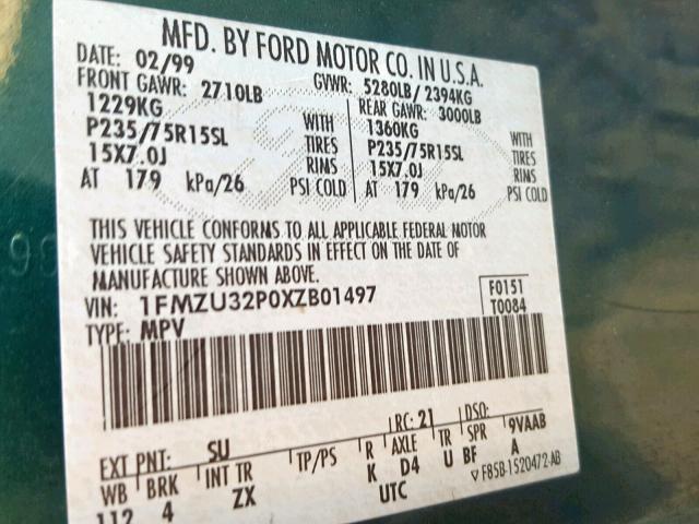 1FMZU32P0XZB01497 - 1999 FORD EXPLORER GREEN photo 10