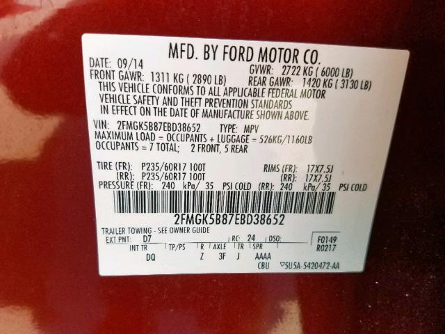 2FMGK5B87EBD38652 - 2014 FORD FLEX SE RED photo 10