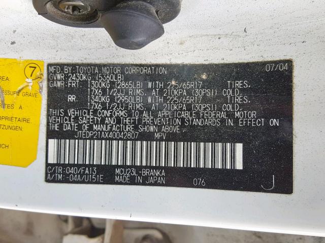 JTEDP21AX40042807 - 2004 TOYOTA HIGHLANDER WHITE photo 10