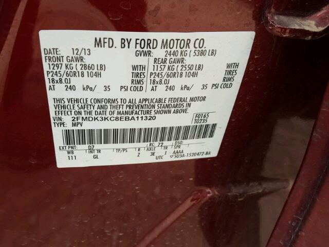 2FMDK3KC8EBA11320 - 2014 FORD EDGE LIMIT ORANGE photo 10