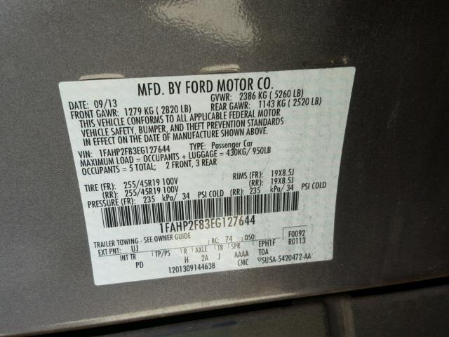 1FAHP2F83EG127644 - 2014 FORD TAURUS LIM GRAY photo 10