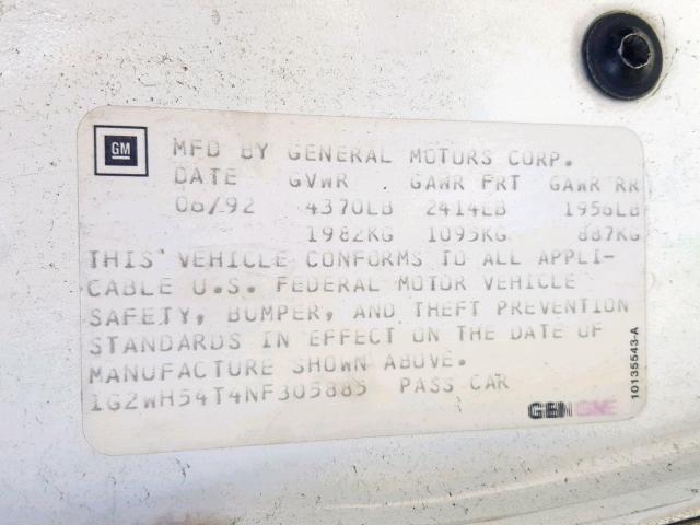 1G2WH54T4NF305885 - 1992 PONTIAC GRAND PRIX WHITE photo 10