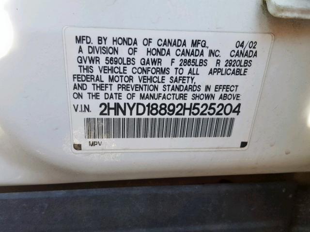 2HNYD18892H525204 - 2002 ACURA MDX TOURIN WHITE photo 10