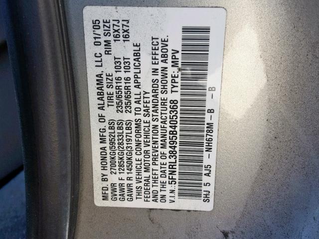 5FNRL38495B405368 - 2005 HONDA ODYSSEY EX GRAY photo 10