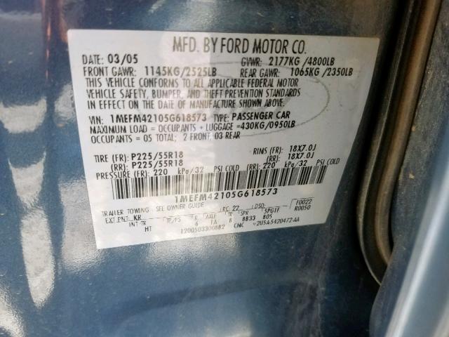 1MEFM42105G618573 - 2005 MERCURY MONTEGO PR ლურჯი ფოტო 10