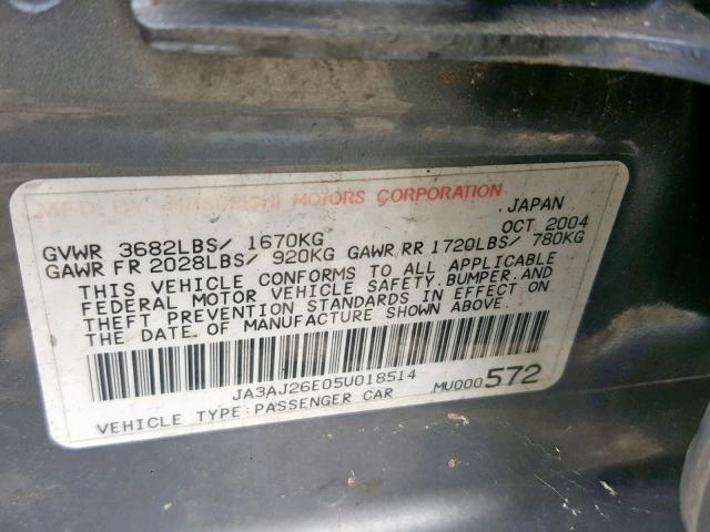 JA3AJ26E05U018514 - 2005 MITSUBISHI LANCER ES GRAY photo 10