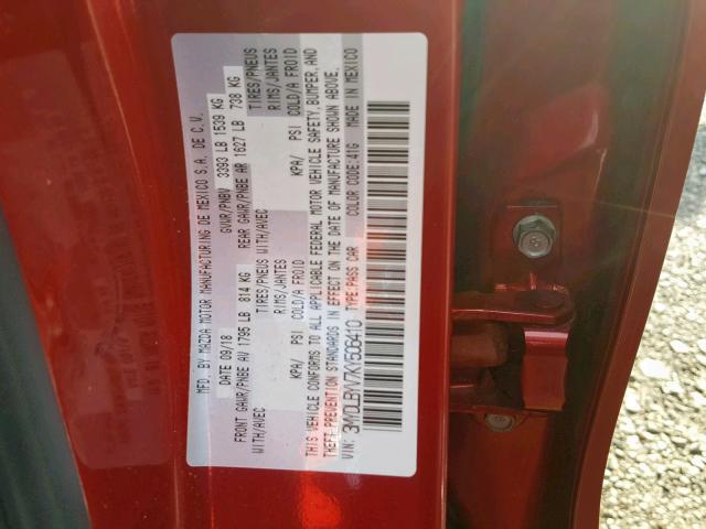 3MYDLBYV7KY506410 - 2019 TOYOTA YARIS L RED photo 10