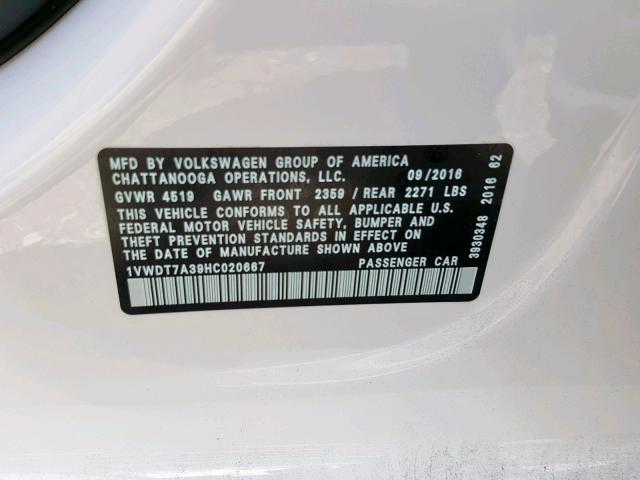 1VWDT7A39HC020667 - 2017 VOLKSWAGEN PASSAT R-L WHITE photo 10