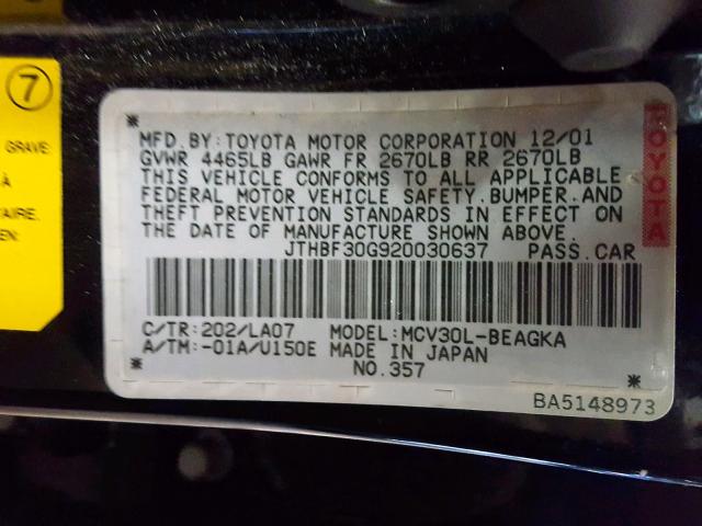 JTHBF30G920030637 - 2002 LEXUS ES 300 BLACK photo 10