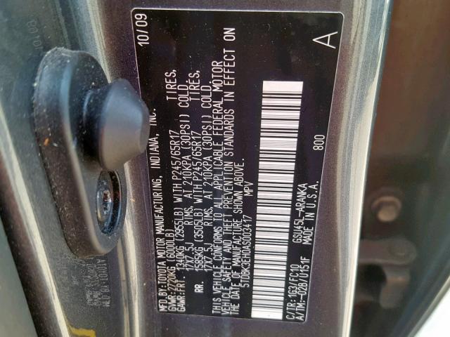 5TDBK3EH0AS003417 - 2010 TOYOTA HIGHLANDER GRAY photo 10