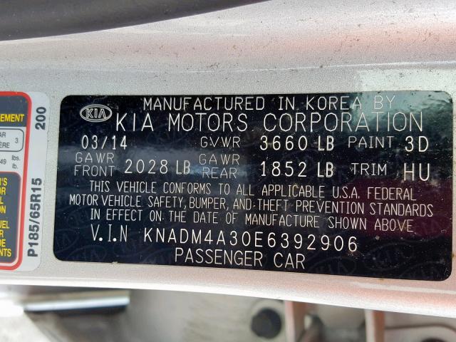 KNADM4A30E6392906 - 2014 KIA RIO LX SILVER photo 10