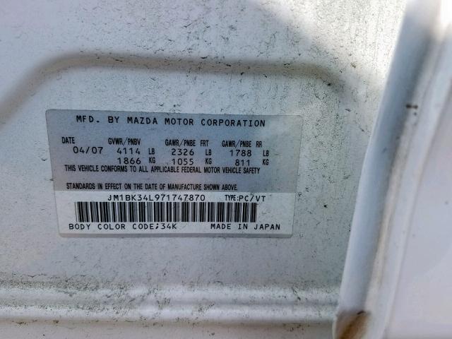 JM1BK34L971747870 - 2007 MAZDA SPEED 3 WHITE photo 10