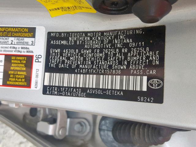 4T4BF1FK7CR157836 - 2012 TOYOTA CAMRY BASE SILVER photo 10
