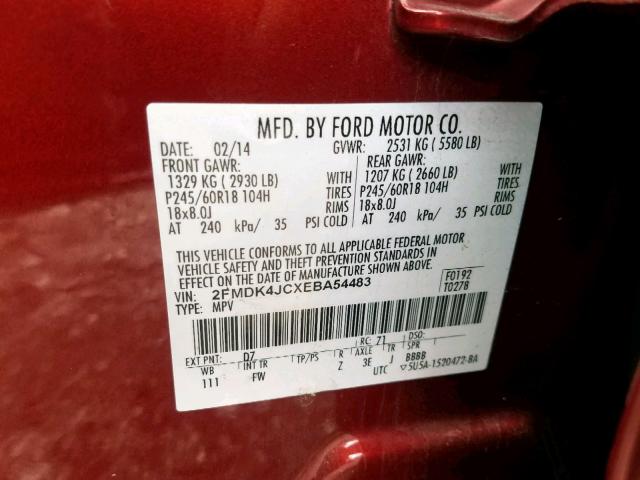 2FMDK4JCXEBA54483 - 2014 FORD EDGE SEL BURGUNDY photo 10