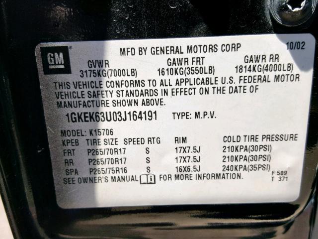 1GKEK63U03J164191 - 2003 GMC YUKON DENA BLACK photo 10