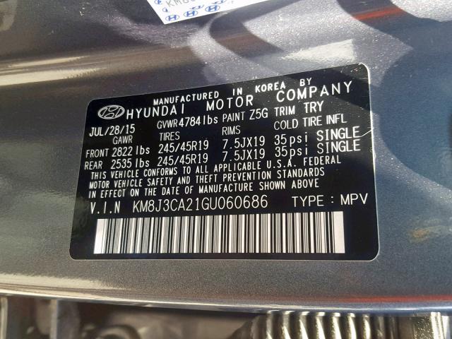 KM8J3CA21GU060686 - 2016 HYUNDAI TUCSON LIM GRAY photo 10