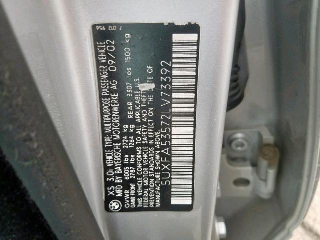 5UXFA53572LV73392 - 2002 BMW X5 3.0I GRAY photo 10