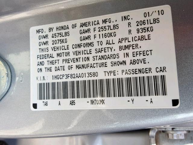 1HGCP3F82AA013580 - 2010 HONDA ACCORD EXL SILVER photo 10