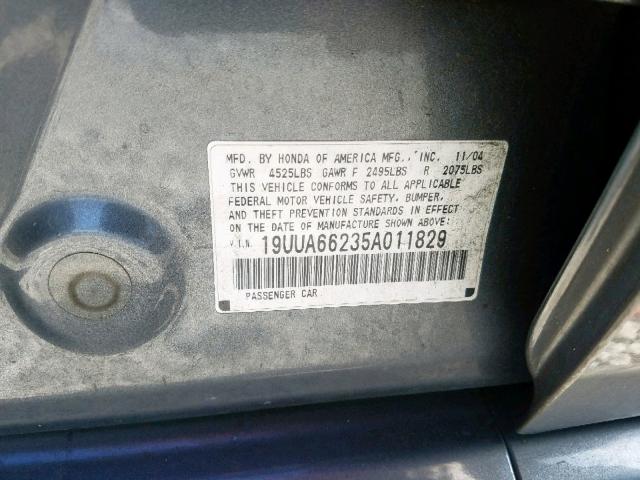 19UUA66235A011829 - 2005 ACURA TL GRAY photo 10