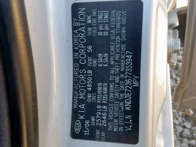 KNDJE723677353947 - 2007 KIA SPORTAGE E SILVER photo 10