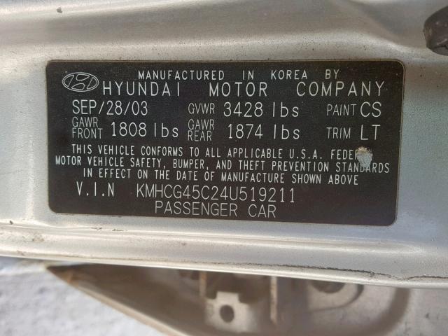 KMHCG45C24U519211 - 2004 HYUNDAI ACCENT GL SILVER photo 10