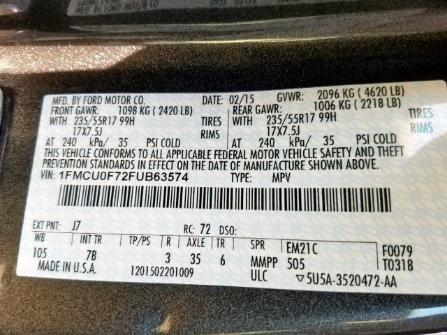 1FMCU0F72FUB63574 - 2015 FORD ESCAPE S GRAY photo 10