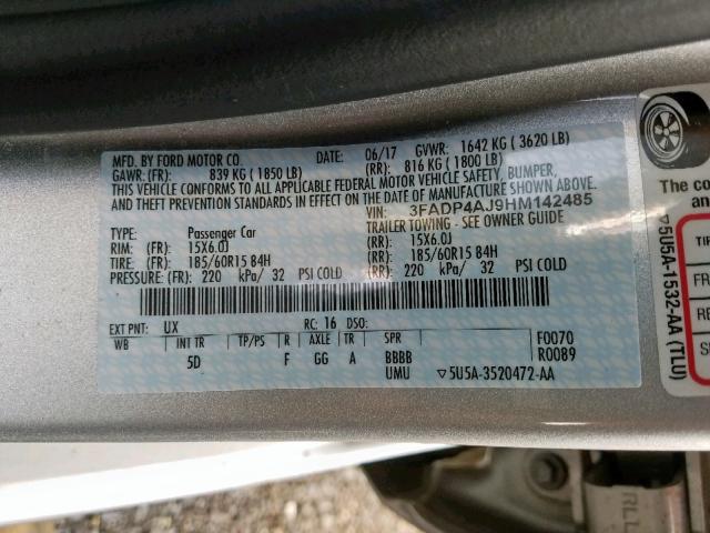 3FADP4AJ9HM142485 - 2017 FORD FIESTA S SILVER photo 10