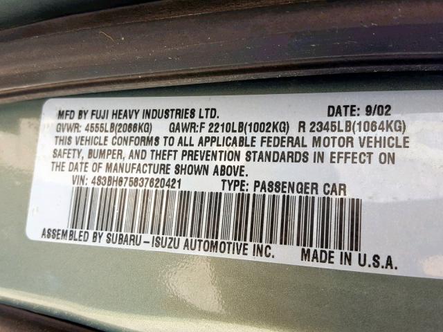 4S3BH675837620421 - 2003 SUBARU LEGACY OUT GREEN photo 10