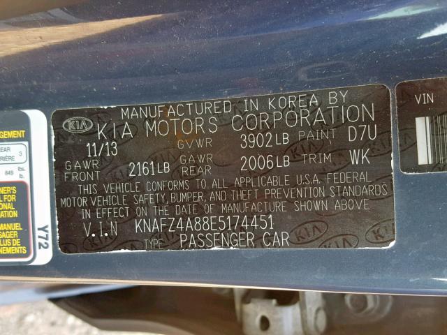 KNAFZ4A88E5174451 - 2014 KIA FORTE EX GRAY photo 10