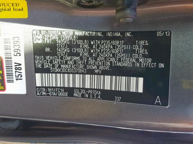 5TDKK3DCXDS370643 - 2013 TOYOTA SIENNA LE GRAY photo 10