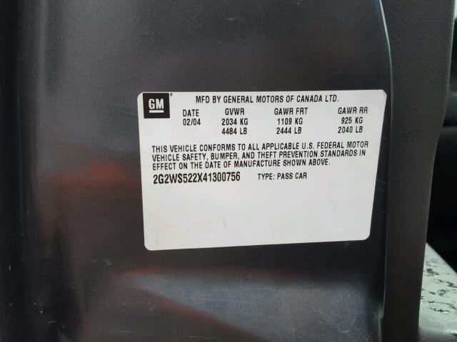 2G2WS522X41300756 - 2004 PONTIAC GRAND PRIX GRAY photo 10