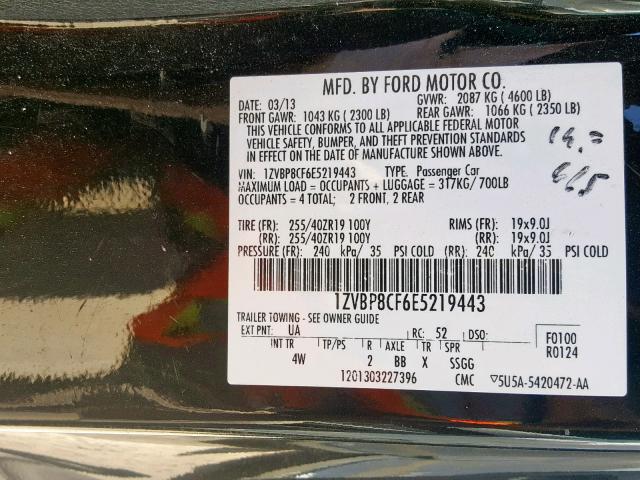 1ZVBP8CF6E5219443 - 2014 FORD MUSTANG GT BLACK photo 10