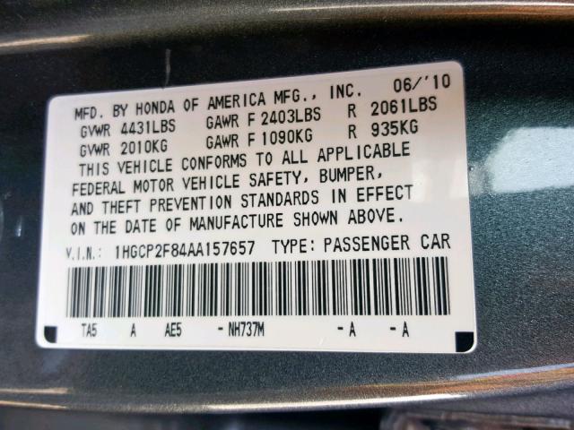 1HGCP2F84AA157657 - 2010 HONDA ACCORD EXL GRAY photo 10