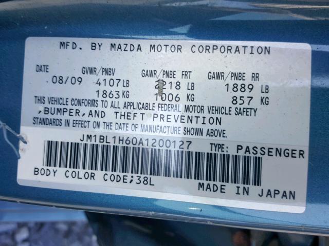 JM1BL1H60A1200127 - 2010 MAZDA 3 S BLUE photo 10